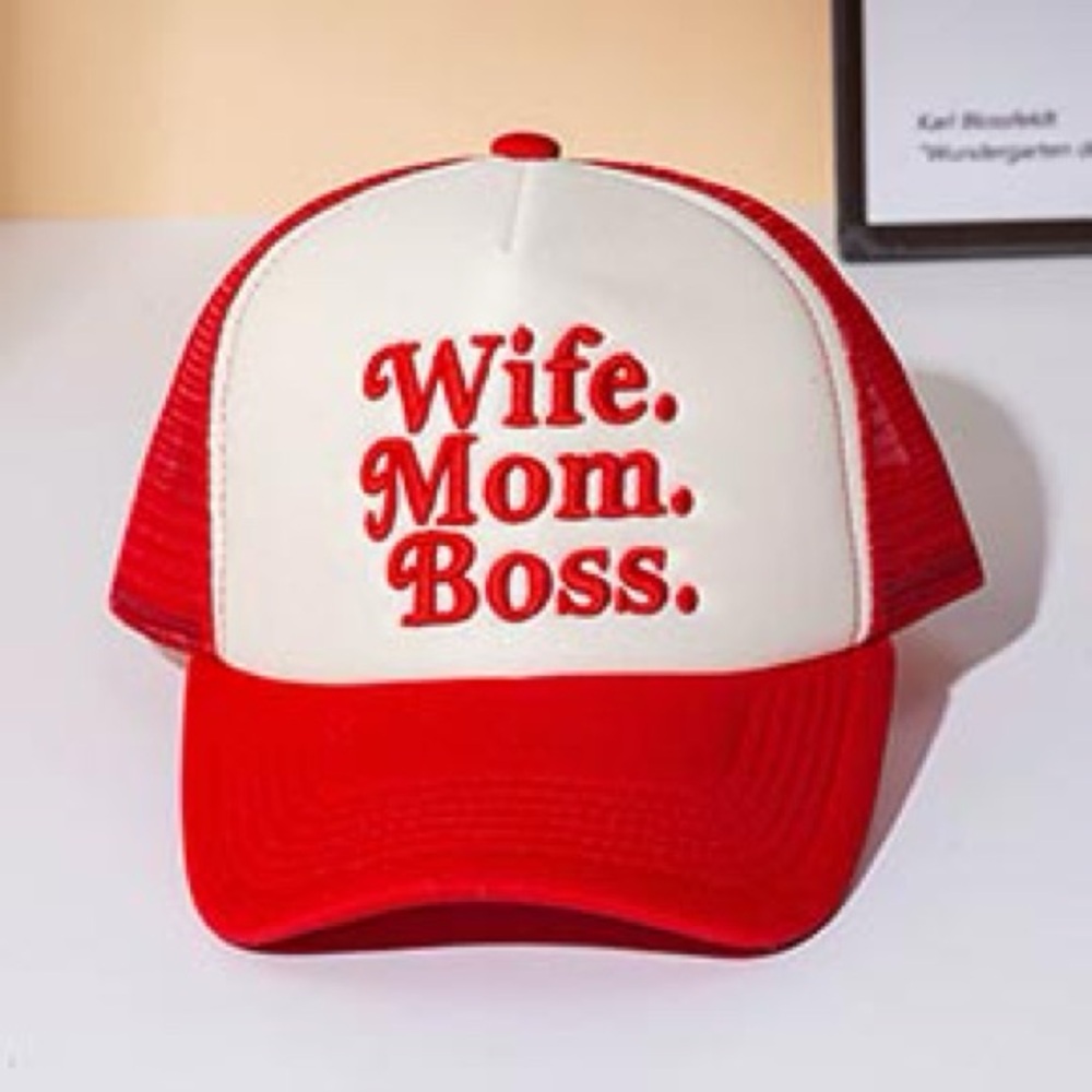 Red and White Trucker Hat - "Wife. Mom. Boss."